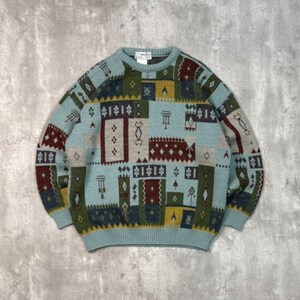 May include: A vintage crew neck sweater with a patchwork design. The sweater has a light blue base colour with various geometric patterns in shades of red, green, yellow, and brown. The cuffs and neckline are a solid light blue.