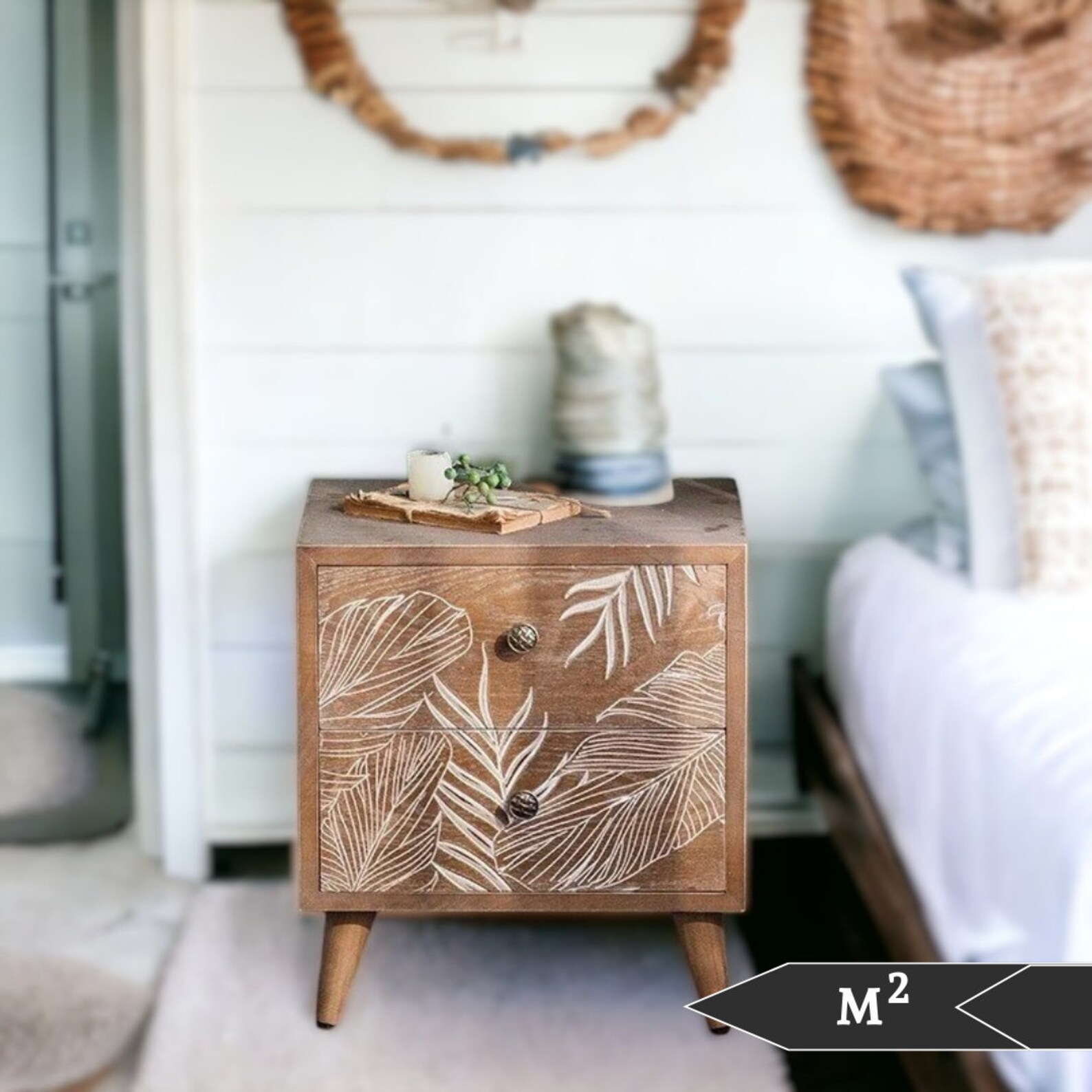 Coastal Wooden Bedside Table Wooden Drawers Nightstand Retro Carved — free download