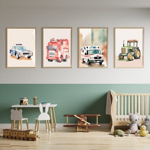 4er Posterset "Fahrzeuge" A4, A3 & A2 | Polizei, Feuerwehr, Rettungswagen, Traktor | Kinder- und Babyzimmer, Poster, Wandbild, Kinderposter