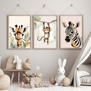 3er Posterset "Steppe" A4, A3 & A2 | Affe, Zebra, Giraffe, Afrika | Kinderzimmer, Poster, Plakat, Wandbild, Kinderposter, Babyzimmer