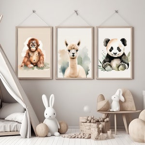 3er Wandbilset "Asien" A4, A3 & A2 | Oranutan, Alpaka, Pandabär | Poster, Plakat, Wandbild, Kinderposter, Babyzimmer, Wohnzimmer