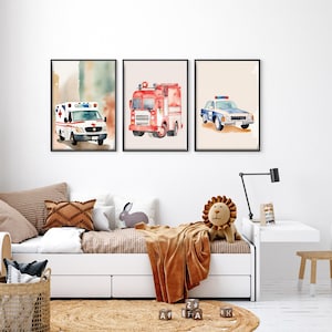 Pósteres para habitación infantil (3 unidades): policía, bomberos y ambulancia – descarga digital DinA3 | Vehículos de emergencia para pequeños héroes