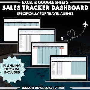 Op de afbeelding: Een digitaal verkooptrackerdashboard voor reisagenten, weergegeven op vier laptops. De afbeelding bevat de tekst "EXCEL & GOOGLE SHEETS SALES TRACKER DASHBOARD SPECIFICALLY FOR TRAVEL AGENTS." Een planningstutorial is inbegrepen.
