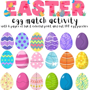 May include: An Easter-themed activity sheet with the word "EASTER" in pink letters. It features "egg match activity" and various patterned egg puzzles in different colours, designed for fun and learning.