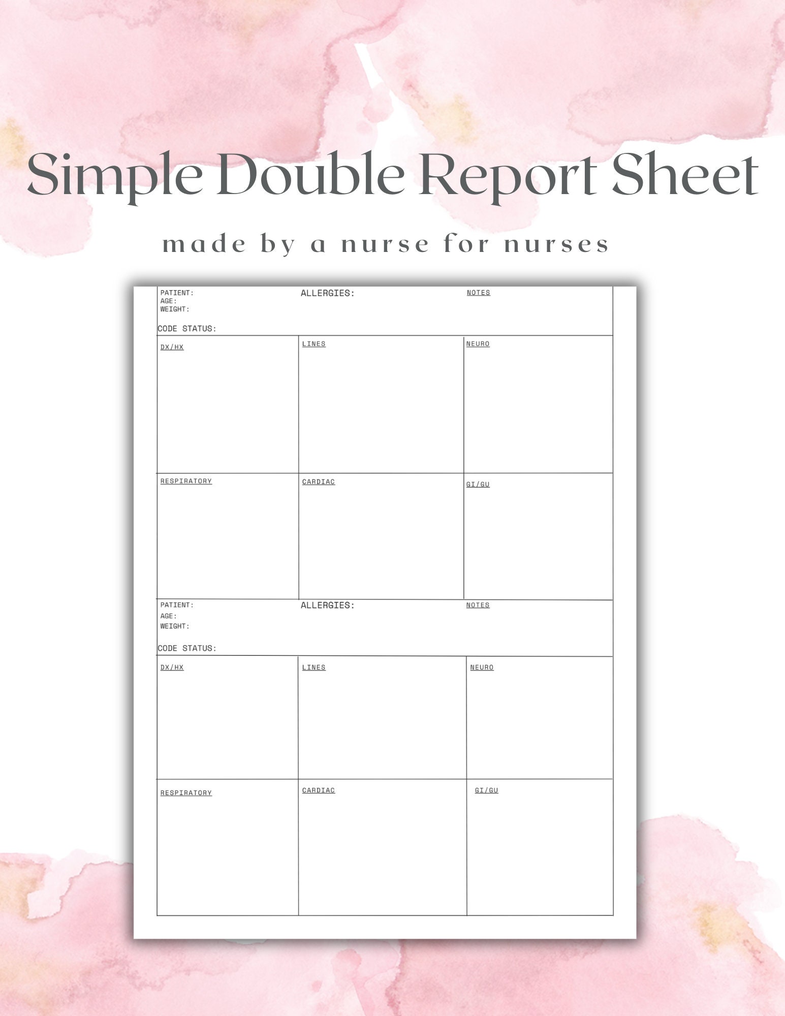 Half Page Printable Nurse Report Sheet Simple Nurse Brain Sheet Double ...