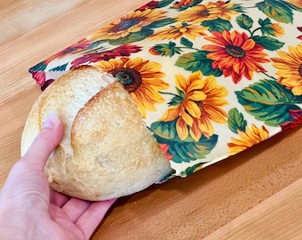 XXL Beeswax Bread wrap or bag- reusable ecofriendly food safe for kitchen storage - handmade USA - gifts under 20 - sourdough- sunflowers