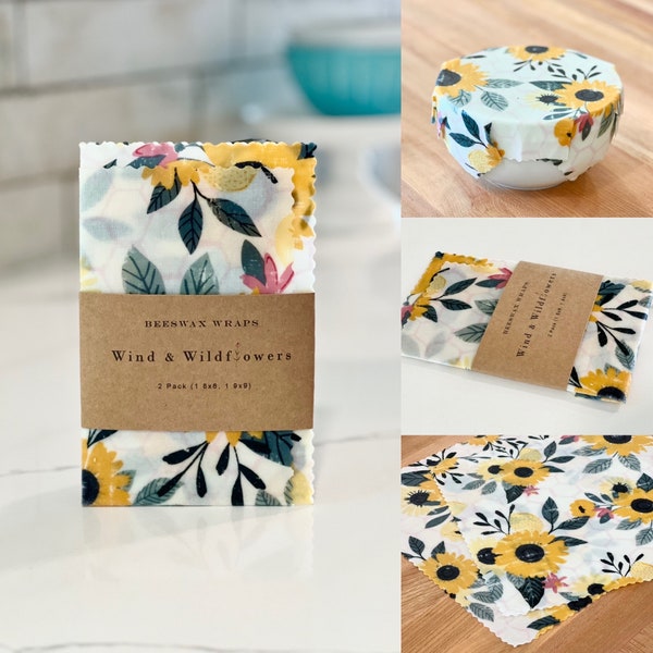 2 piece Beeswax wrap starter pack - reusable eco friendly food safe homemade wraps for kitchen storage