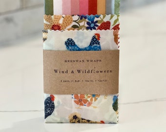 3 piece Beeswax wrap starter pack - reusable eco friendly food safe homemade wraps for kitchen storage USA handmade farmhouse chickens