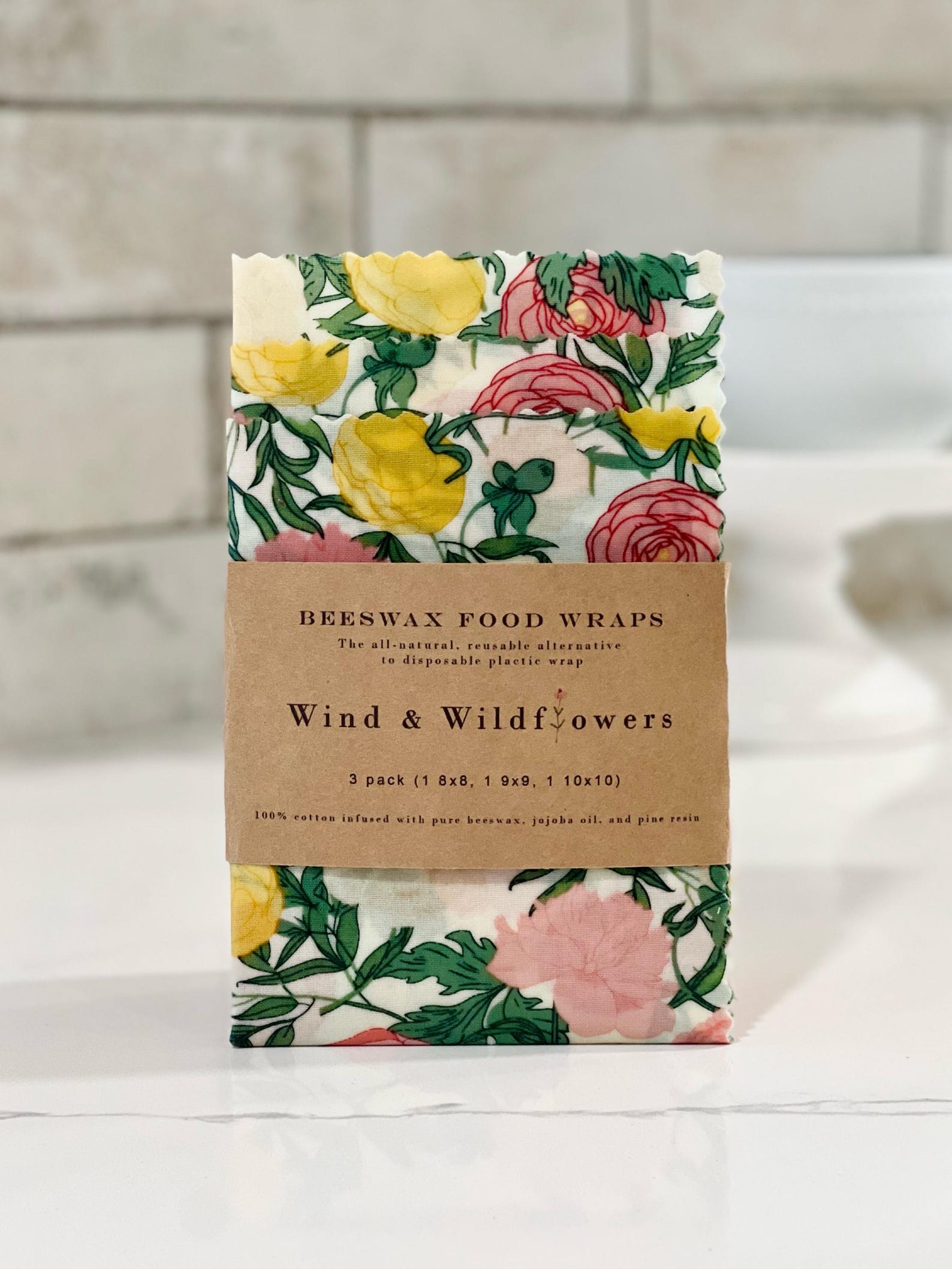 3 piece Beeswax wrap starter pack - reusable eco friendly food safe homemade wraps for kitchen storage - made in USA - handmade under 20