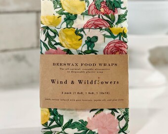 3 piece Beeswax wrap starter pack - reusable eco friendly food safe homemade wraps for kitchen storage - made in USA - handmade under 20