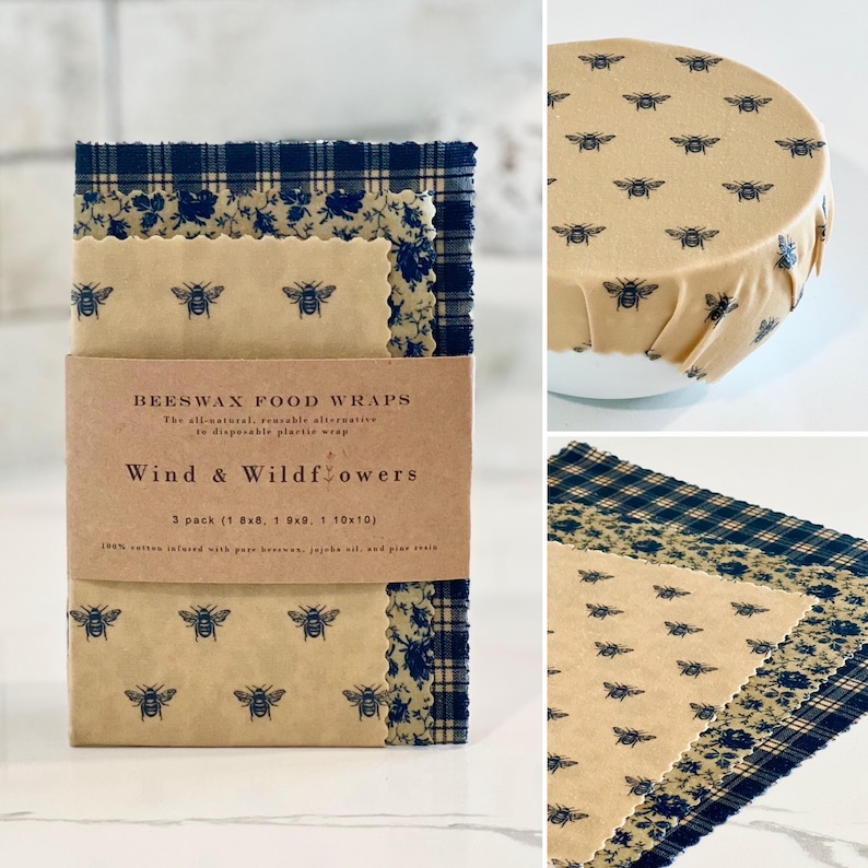 Beeswax wraps inside packaging, on a bowl, and outside packaging