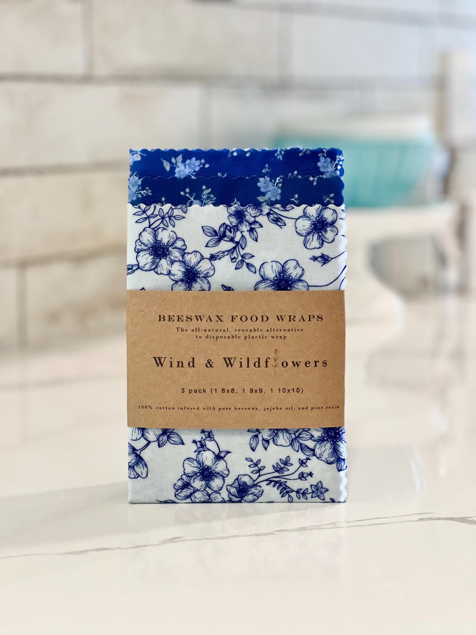 3 piece Beeswax wrap starter pack - reusable eco friendly food safe homemade wraps for kitchen storage - made in USA - handmade under 20