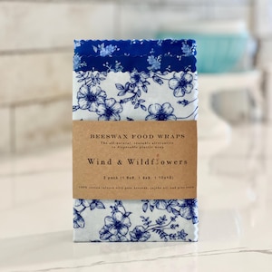 3 piece Beeswax wrap starter pack - reusable eco friendly food safe homemade wraps for kitchen storage - made in USA - handmade under 20