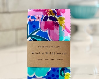 3 piece Beeswax wrap starter pack - reusable eco friendly food safe homemade wraps for kitchen storage - made in USA - handmade under 20