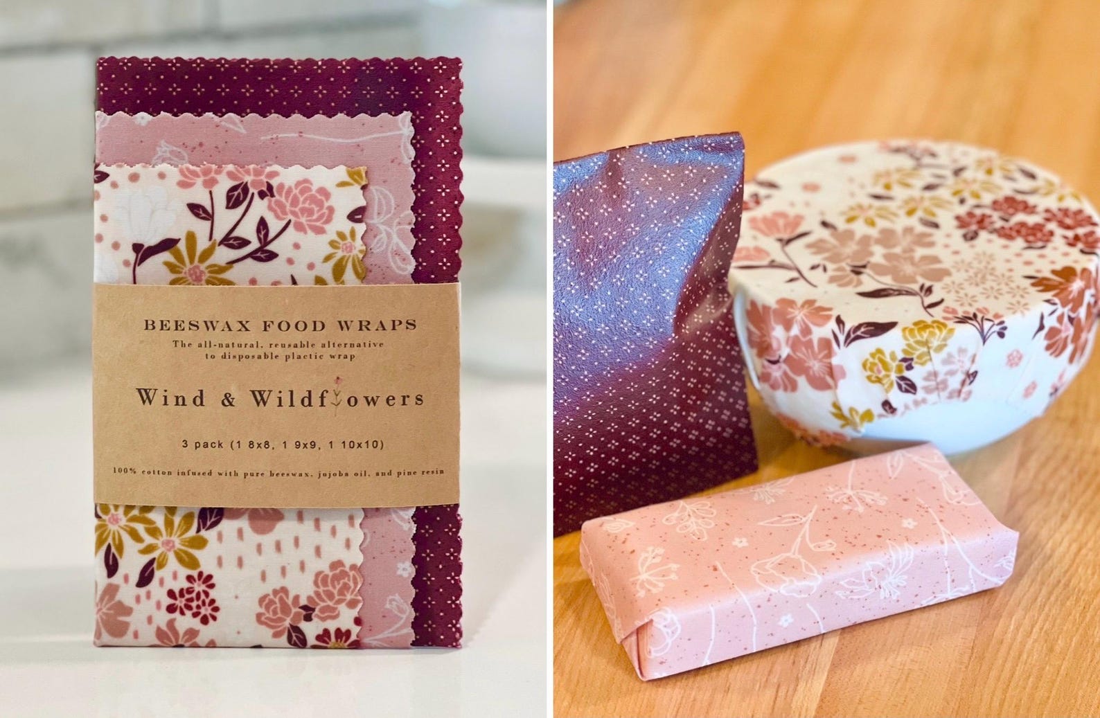 3 piece Beeswax wrap starter pack - reusable eco-friendly food safe homemade bowl cover for kitchen storage zero waste green living flowers