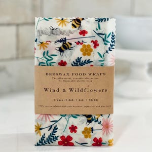 3 piece Beeswax wrap starter pack - reusable eco friendly food safe homemade bowl cover for kitchen storage made in USA - flowers