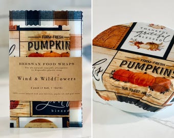 2 piece Beeswax wrap starter pack - reusable eco friendly food safe homemade bowl cover for kitchen storage made in USA - autumn pumpkins