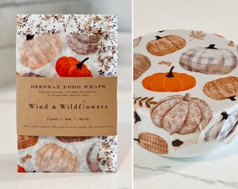 2 piece Beeswax wrap starter pack - reusable eco friendly food safe homemade bowl cover for kitchen storage made in USA - autumn pumpkins
