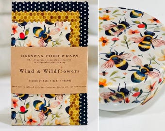 3 piece Beeswax wrap starter pack - reusable eco-friendly food safe homemade bowl cover for kitchen storage zero waste green living bees
