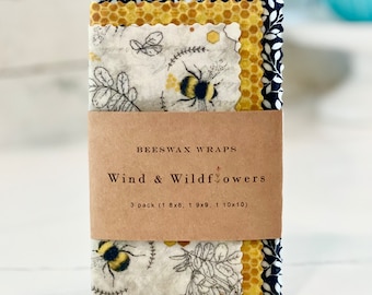 3 piece Beeswax wrap starter pack - reusable eco friendly food safe homemade wraps for kitchen storage - gifts under 20 - lunchbox honey bee