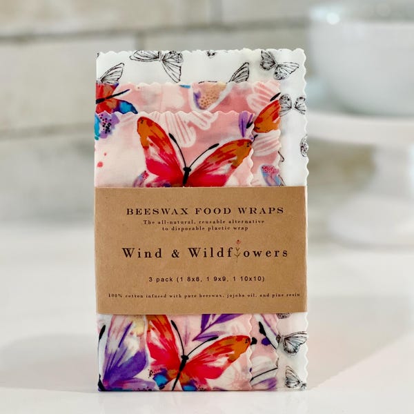 3 piece Beeswax wrap starter pack - reusable eco friendly food safe homemade bowl cover for kitchen storage made in USA - handmade under 20