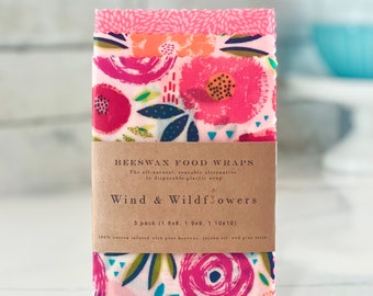 3 piece Beeswax wrap starter pack - reusable eco friendly food safe homemade wraps for kitchen storage - made in USA - handmade under 20