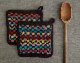 Colorful Set of Potholders Two Felted Wool Trivets  Functional Art for the Retro Kitchen  Hand Made in Multi Color and Black