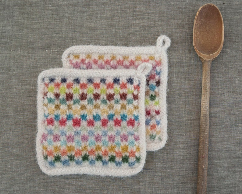 Set Of Two Pot Holders Handmade Felted Wool Potholderss Gourmet gift Eco Friendly Hot Pads in Multi Colors and Soft White image 1