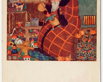 Vintage  Postcard Santa Claus in his Workshop from Professor Cizek Juvenile Art Class, Vienna