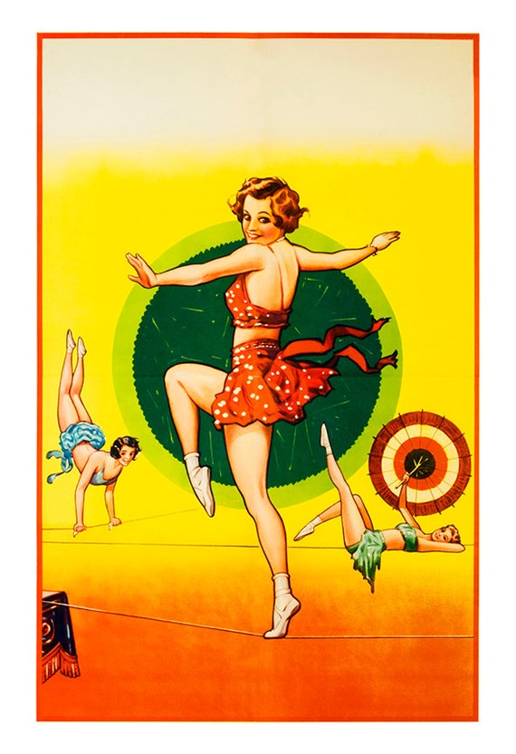 Fine Art Reproduction Print of a 1930s Blank Vintage Circus Poster by Erie  Litho Co Tight Rope Walker High Wire Act 