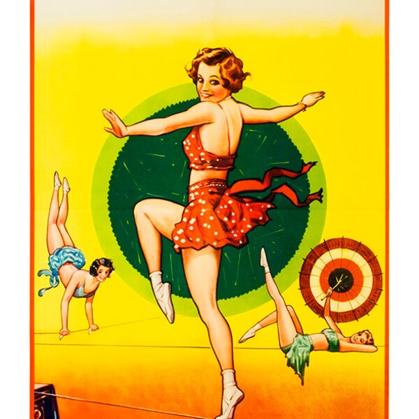 Fine Art Reproduction Print of a 1930s Blank Vintage  Circus poster by Erie Litho Co Tight Rope Walker High Wire Act