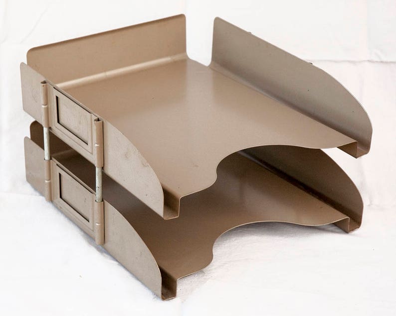 Vintage 1960s Tan Metal 2 Tier Desk Organizer