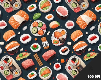 Sushi rolls and nigiri on dark background | Seamless Pattern Digital Download for Sublimation, Fabric, Stickers & Crafts - clothing design
