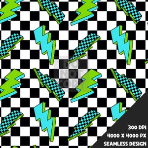 May include: A seamless pattern featuring a black and white checkered background with green and blue lightning bolts. The lightning bolts are outlined in black and have a checkered pattern inside.
