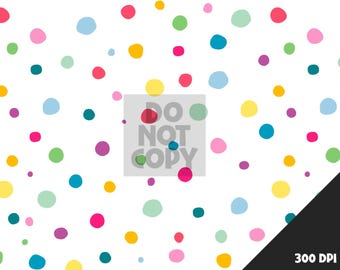 May include: A seamless design with a white backdrop covered in multi-coloured, irregular polka dots. The dots are in shades of pink, red, yellow, green, blue, and purple. The image includes the text "DO NOT COPY" and "300 DPI 4000 X 4000 PX SEAMLESS DESIGN".