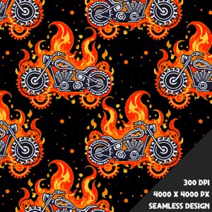 May include: A seamless pattern featuring a black motorcycle engulfed in flames with gears around it. The background is black with orange and yellow flames and small white dots.