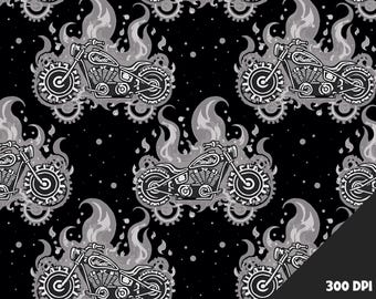 May include: A seamless pattern featuring a black and white illustration of a motorcycle on fire. The motorcycle is surrounded by flames and gears. The background is black with white dots.