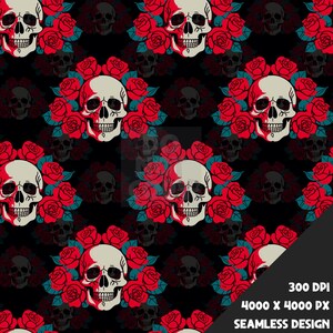 May include: A seamless pattern featuring white skulls with black eye sockets and red roses on a black background. The skulls are surrounded by red roses with green leaves.