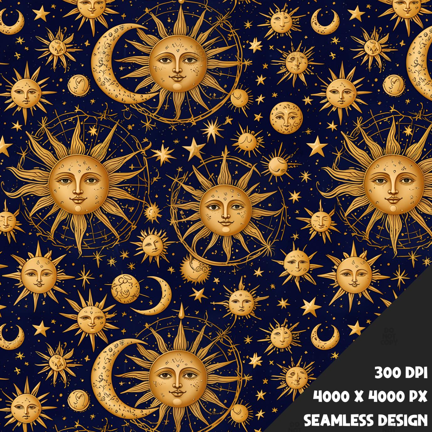 Celestial Faces Suns and Moons Gold Navy Teal- Seamless Pattern Digital ...