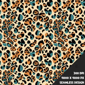 May include: Seamless pattern featuring a repeating design of abstract shapes in black, orange, and teal on a cream background. The design includes various organic forms, creating a visually dynamic and textured effect. The pattern is labeled as a seamless design.