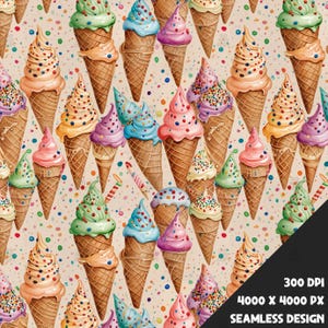 Ice cream cones in bright candy colors | Seamless Pattern Digital Download for Sublimation, Fabric, Stickers & Crafts- clothing design