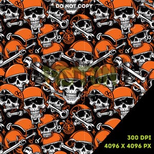 May include: A repeating pattern featuring white skulls wearing orange construction helmets and sunglasses, interspersed with white bones and tools, set against a black background. The words "DO NOT COPY" are at the top. The image also includes the text "300 DPI" and "4096 X 4096 PX".