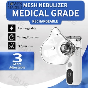 Puede incluir: Nebulizador de malla blanco y transparente con el texto "MEDICAL GRADE" y "RECHARGEABLE". Cuenta con función de temporizador y engranajes ajustables. El dispositivo tiene una pantalla digital.