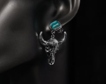 Turquoise Cow Skull Earrings: Stainless Steel Western Jewelry