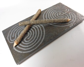 DOUBLE LABYRINTH STONE - Troy Outline (2 Paths on Each End) - Finger Maze Meditational Tile - Carved in Traditional Natural Slate Stone Zen