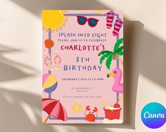 Faire-part d'anniversaire modifiable sur la plage, fête sur la plage, fête d'été, fête au bord de la piscine, modèle de toile, taille 5 x 7, téléchargement immédiat