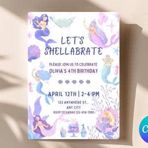 May include: A mermaid-themed birthday invitation with a watercolor background. The invitation features the text "Let's Shellabrate" and "Olivia's 4th Birthday". The invitation also includes the date and time of the party, as well as the address and RSVP information.