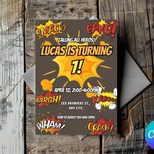 EDITABLE Comic Birthday Invitation, Superheroes Birthday, Size 5x7, Canva Template, Printable, Instant Download