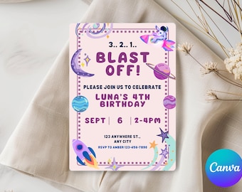 EDITABLE Outer Space Birthday Invitation, Planets, Astronaut, Blast Off, Rocket Ship, Galaxy, Canva Template, Size 5x7, Instant Download