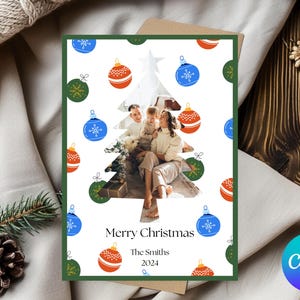 編集可能な写真付きクリスマス カード、サイズ 5x7、Canva テンプレート、印刷可能、即時ダウンロード